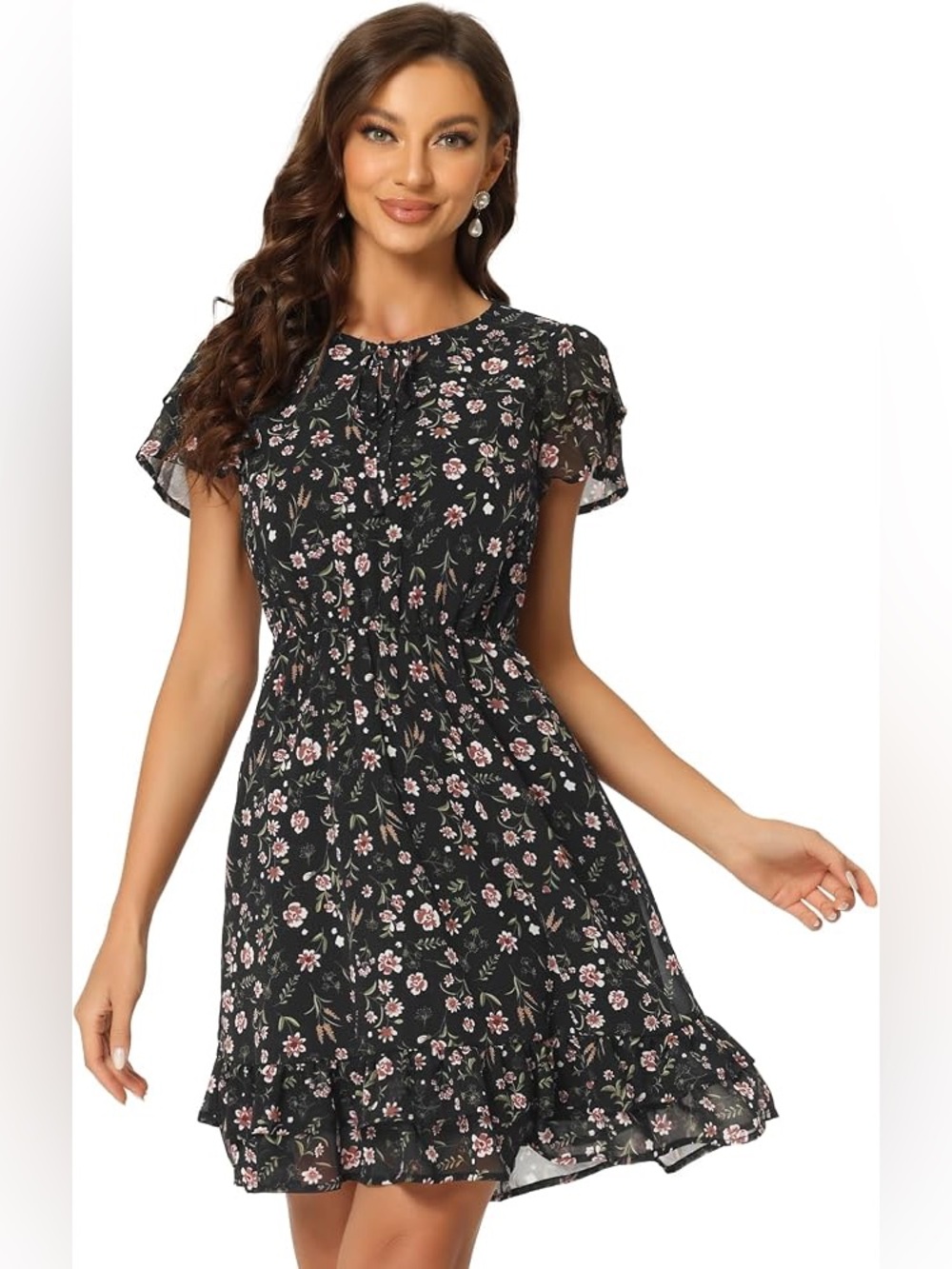 Black Floral Short Dress with Ruffle Hem M